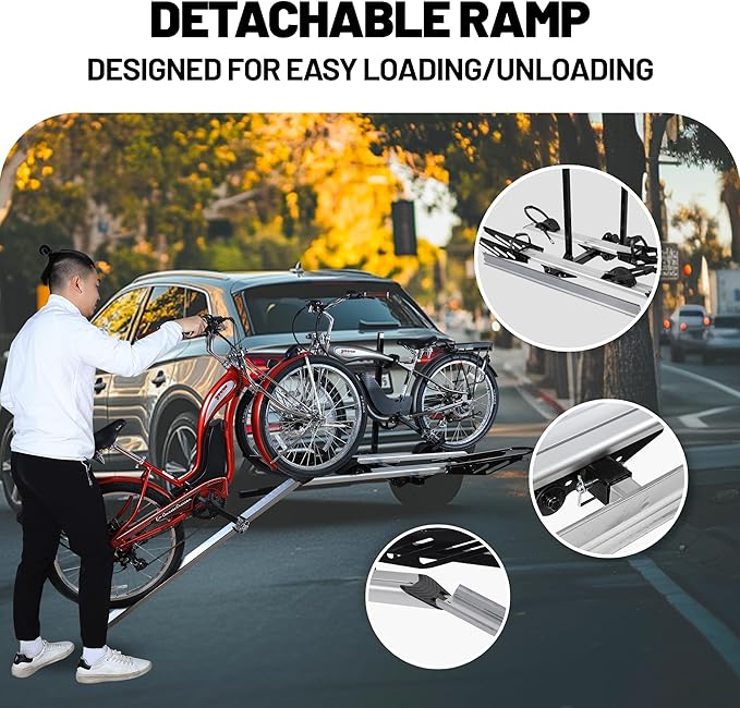 Hitch Mount Bike Rack with Ramp, 200 LB Capacity fits Cars, SUVs, RVs, Trailers, Trucks with 2 Inch Receiver