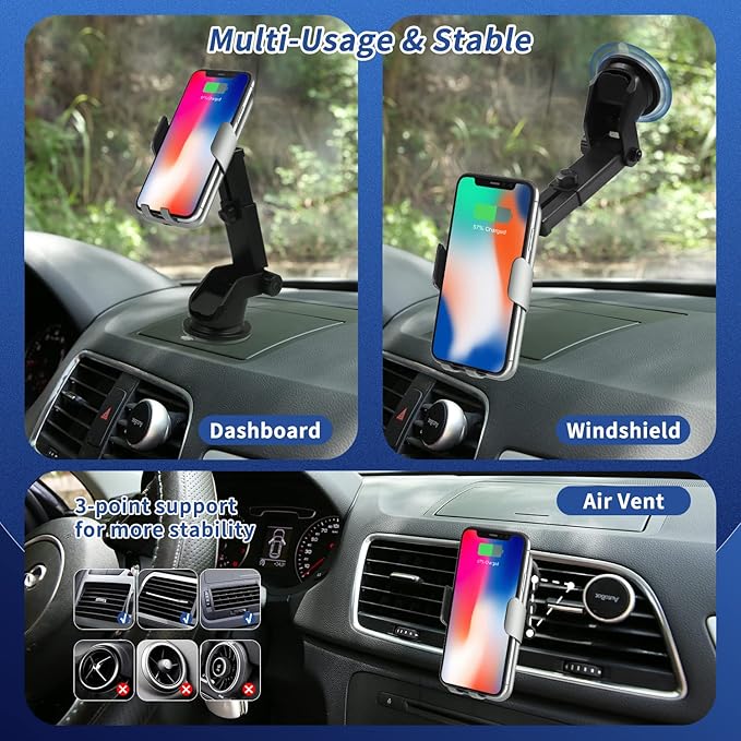 15W Fast Car Mount Charger, Charging Wireless Car Charger Phone Mount Phone Stand, Car Charger for iPhone 15 14 13 12 11 Pro Max, Samsung etc Windshield Dashboard Air Vent Auto Clamping Phone Holder