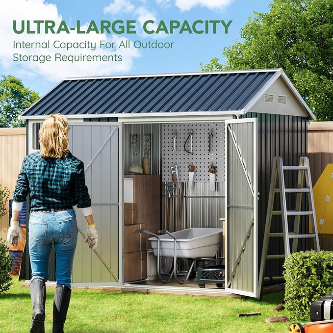 8X6FT Outdoor Steel Storage Shed with Lockable Doors, Frame Floor (No Wood/Other Boards),One Window,Ideal for Garden, Backyard, Patio Storage