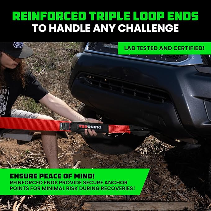 Rhino USA Recovery Tow Strap (3"x30') - 31,518lb Break Strength - Emergency Recovery Strap Tow Rope for Truck, UTV, ATV & More - Heavy Duty Towing Strap for Offroad 4x4 Use- Compatible with Jeep (Red)