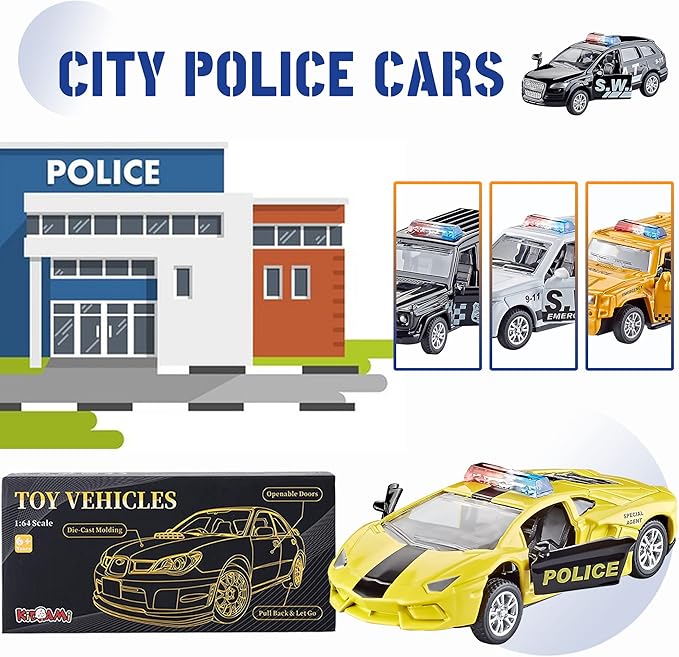 KIDAMI Die Cast Metal Little Toy Cars Set of 5, Openable Doors Pull Back Car Gift Pack for Kids (Police car)