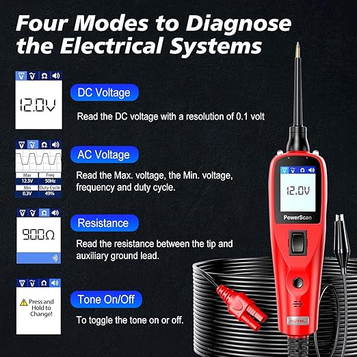 Autel PowerScan PS100 Power Circuit Probe Tester, Breaker Finder, 12V 24V Automotive Electrical Diagnostic Tool with 20ft Extension Cable, AVOmeter, Test Light, Continuity Checker, for 99% Cars