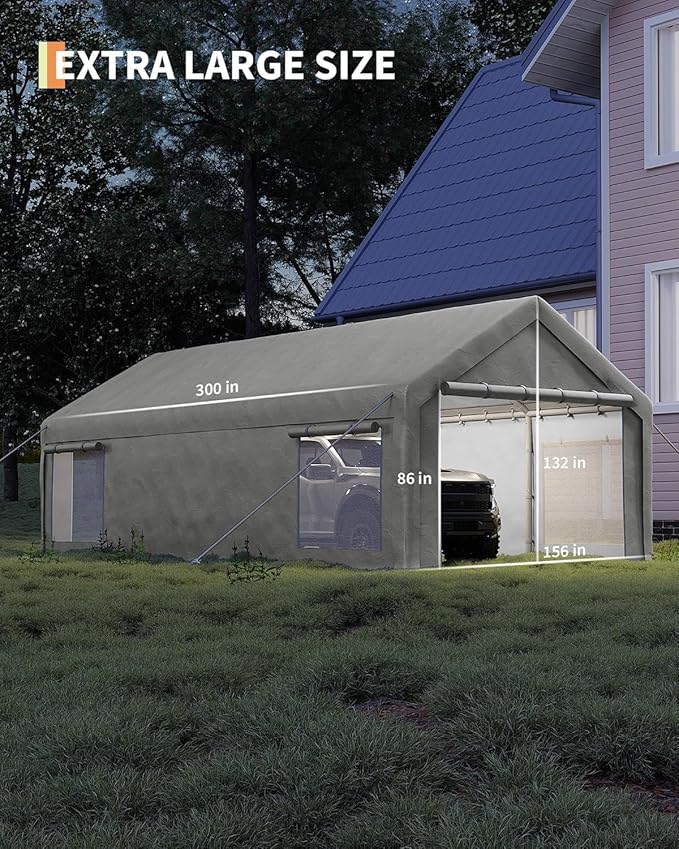 13 x 25ft Heavy-Duty Carport Canopy with Roll-Up Windows & DoorsThickened Wind Ropes, Ground Nails, Portable Car Tent Garage for Cars, Trucks, Boats, 200G Durable Tarp Cover,Grey