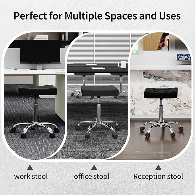 Office Stool with Wheels (300lbs Capacity) (Adjustable Height 17-21 inch) Black Faux Leather Workbench Stool (Black)