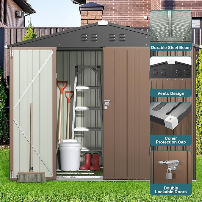 Gizoon Outdoor Storage Shed 8 x 6 FT, Galvanized Metal Garden Shed with Double Lockable Doors, Outdoor Storage Clearance for Backyard Patio Lawn-Light Brown