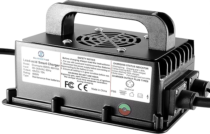 800W Lead Acid Battery Charger 48 Volt 15 AMP 3-Pin Original Gray One-Piece Plug Club Car DS&Precedent Golf Carts