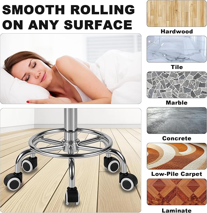 Rolling Stool, Stainless Steel Workbench, Adjustable Swivel Stool Medical 5 Wheels, 304 Stainless Steel Structure Laboratory Round Pad, Load Capacity 445 lbs (Silver)