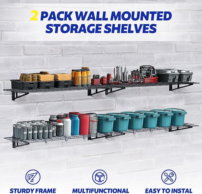 2-Pack Garage Wall Shelving, 2x6 FT Garage Shelving Wall Mounted, Heavy Duty Metal Shelves with 8 Bike Hooks, 1200lbs Load Capacity Floating Shelves, 24-inch-by-72-inch Wire Shelving Wall Mounted