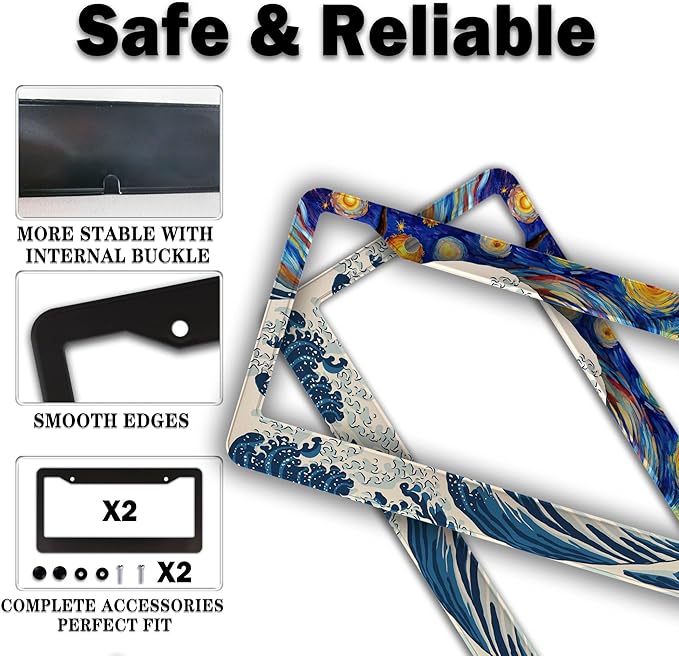Car Plate Frames for Women Multicolor License Plate Protector for Men Starry Night Big Wave Aluminum Metal Car Accessory 2 Pack with Screw Covers Set