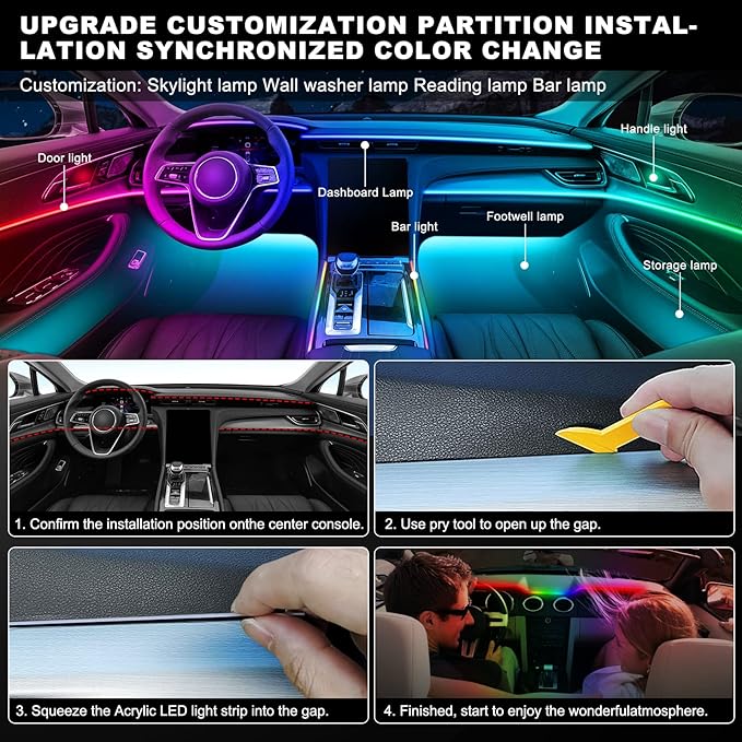 Dream+Color Acrylic Interior Car LED Strip Light with Wireless APP, RGB 10 in 1 with 175 inches 593 Neon Ambient Lighting Kits, Dynamic Chasing Music Sync LEDs Fiber Optic Strip Lights for Car