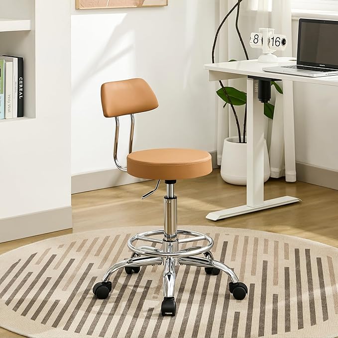 Ergonomic Desk Stool(Sturdy Rolling Stool with Back)(Swivel Armless Office Chair 19.5’’-26.6’’) Adjustable Footrest Salon Chair (Camel Brown)