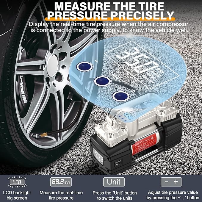 GSPSCN Digital Tire Inflator, Portable Toolbox 12V Air Compressor Pump Heavy Duty Dual Cylinders Car Pump,150Psi Auto Shut-Off with Tire Repair Kit for Auto,SUV,Truck etc