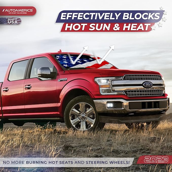 Autoamerics 1-Piece Windshield Sun Shade Grunge American Flag - 4 USA Design - Foldable Car Front Window Sunshade for Most Sedans SUV Truck - Blocks Max UV Rays and Keeps Your Vehicle Cool - Large
