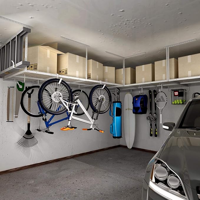 FLEXIMOUNTS 2-Piece Overhead Garage Storage Rack Set w/Hooks Adjustable Ceiling Storage Rack, 96" Length x 48" Width x 40" Height, 2 pcs, White