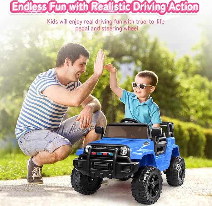 JOYMOR Ride on Truck with Remote Control, 4 Wheels 12V Battery Powered Kids Car, with LED Headlight/Horn Button/ MP3 Player/USB Port/Forward Backward/Kids Girl Boy (Blue)