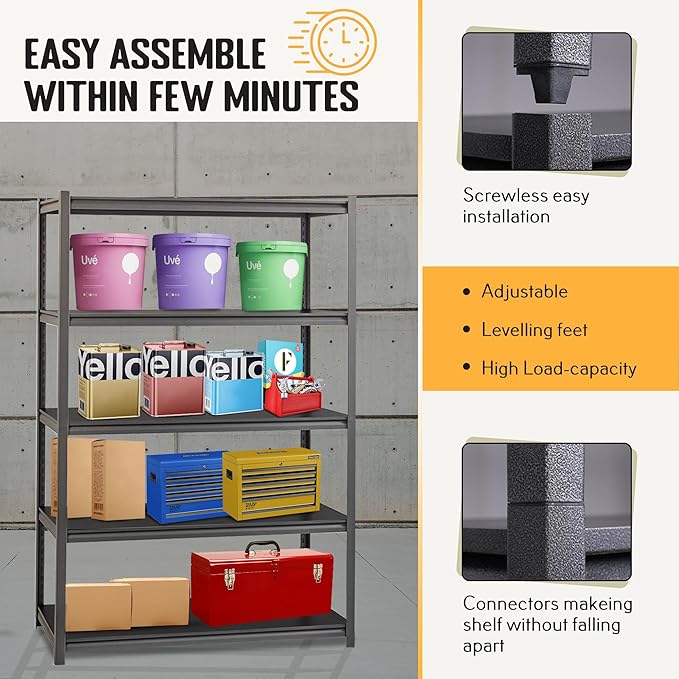 Rigma 5 Tier Garage Shelf, Heavy Duty Steel Shelving Unit, Adjustable Metal Multi-use Storage Rack, Shelves for Garage, Basement, and Industrial Warehouse Or Office (47" W X 20" D X 72" H 5-Tier)
