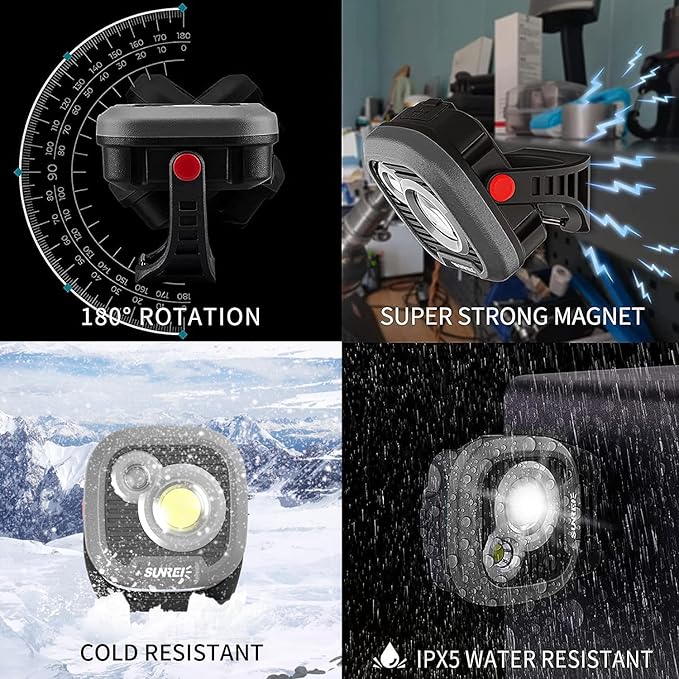 LED Rechargeable Magnetic Work Light SUNREI Mechanic Light Power Bank 180° Rotating, 1500LM, 6 Modes, Magnetic&Hook, 13500mAh Battery, Magnetic Flashlight for Camping, Car Repairing (Gary)