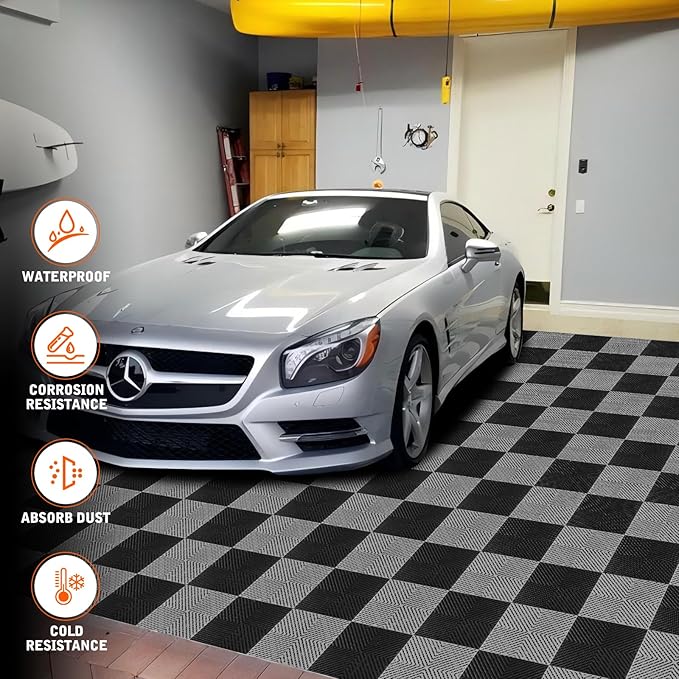 Interlocking Garage Floor Tiles - 0.79in,Vented, Self-Draining, Non-Slip Flooring, Modular, Virgin Polypropylene, Ideal for Garages, Patios, Basements, Decks -51.6 sq ft (Black, 30PCS)
