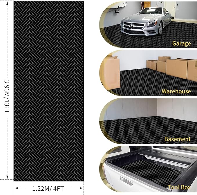 Premium Garage Floor Mat, Commercial Grade Heavy Duty Parking Mat for Garage Floor, Golf Cart Parking, Water/Stain Resistant Floor Runner (Black Diamond, 4 x 13 Feet)