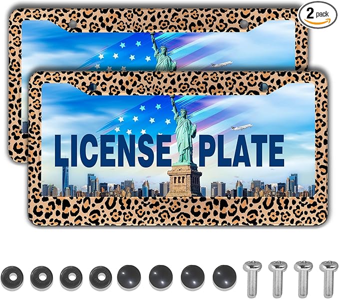 License Plate Frames Leopard Print Fun License Plate Frame Protector Cute Cheetah Texture Aluminum Metal Car Accessory 2 Pack with Screw Covers Set