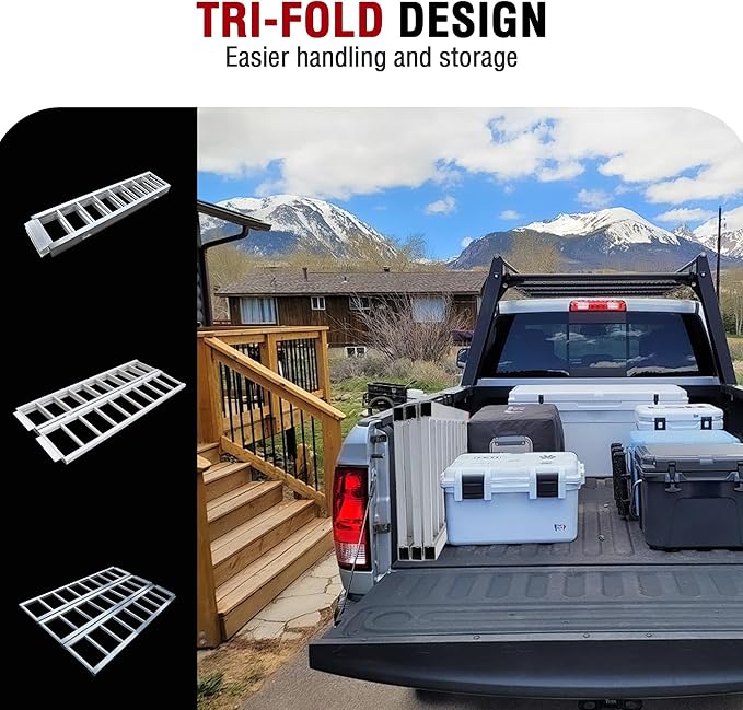 Rockland Tri-Fold Aluminum Loading Ramp, 69'' x 45'', 1500 LBS Loading Capacity, Portable Ramp for Motorcycles, Ebikes and ATVs, with 2 Safety Straps Included