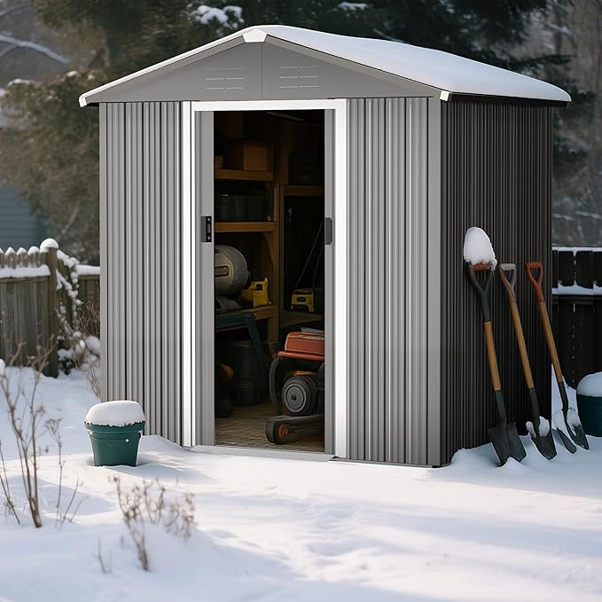 Nuu Garden 6 x 4 FT Outdoor Storage Shed with Sliding Doors, Galvanized Metal Garden Shed with Sloping Roof, Anti-Corrosion Outdoor Tool Shed with Air Vents for Backyard, Patio, Lawn, Gray