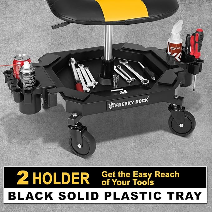 Rolling Stool with Wheels, Adjustable Height Pneumatic Garage Work Mechanic Stool Seat with Backrest, 400 LBS Capacity 360° Swivel Mechanic Crepper Chair with Tool Tray Storage, Yellow