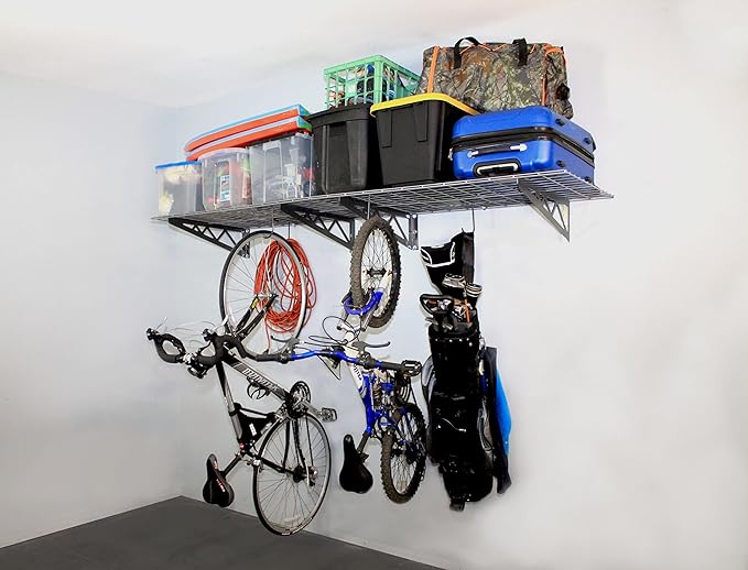 SafeRacks Garage Wall Shelves - 2-Pack 24"x48" Mountable Shelving Units for The Garage, Pantry or Utility Closet, Heavy Duty Steel Shelf with Bike Accessory Hooks, 500lb Capacity, Color: Hammertone