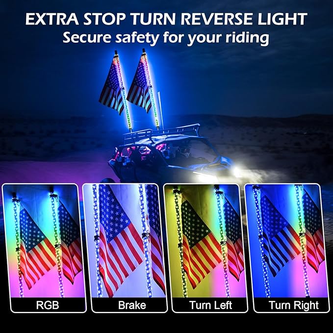2PCS 3FT RGB LED Whip Light with Spring Base Remote App Control w/DIY Chasing Patterns Turn Signal & Brake Lights for ATV, UTV, Polaris, RZR, Can-am