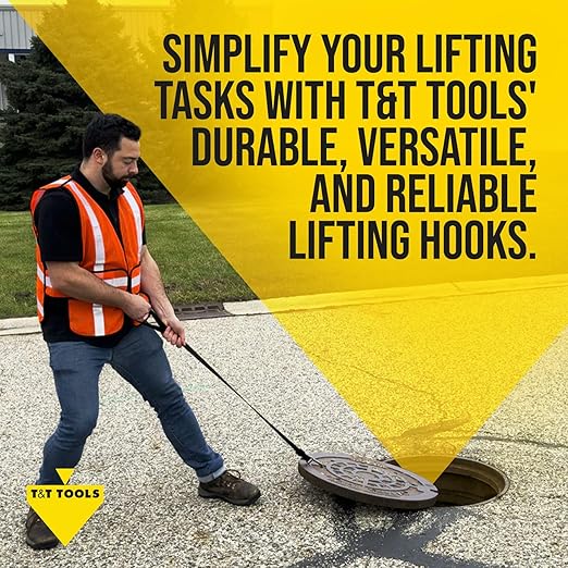 T&T Tools Lid Sling Hook (Short Hook 1.5 Inch Style) - Lift Manhole Covers & Handhole Lids, Versatile Lifting Hooks, Rigid Steel Tool Hook for Moving