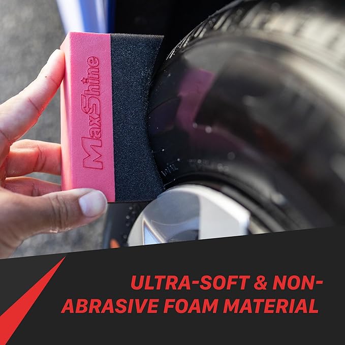 Maxshine Tire Dressing Applicator, Curved Foam Pad 10x4cm, Red & Black | Ergonomic Grip, High-Density Non-Abrasive | Even Tire, Trim & Wax Application