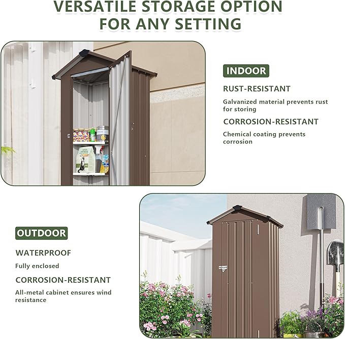 Outdoor Metal Storage Shed, Waterproof Garden Tool Shed with Lock, Galvanized Steel Utility Cabinet, Weather-Resistant Storage Locker for Backyard, Patio, Garage Tools Organization (Brown)
