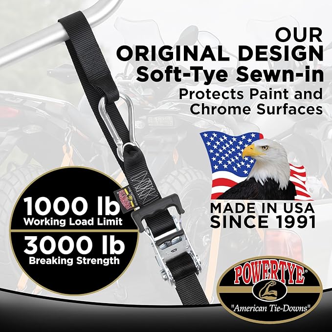 PowerTye 1.5in x 6.5ft Heavy Duty Ratchet Tie-Down Straps with Soft-Tye and Carabiner Hooks - 1,000 lb Working Load Limit / 3,000 lb Breaking Strength - Made in USA - Black/Black Pair
