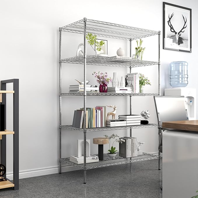 5-Tier Metal Storage Shelving Unit, Adjustable Storage Rack Display Shelves, Industrial Steel Wire Shelf on Wheels, Commercial and Home Use, 48”W x 24”D x 72”H, 1500 LBS Capacity