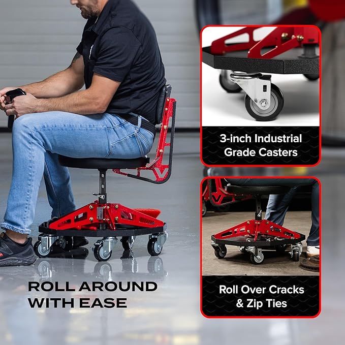 Vyper Robust Steel Sport Shop Chair for Mechanics, Automotive, DIY - 300 lb Capacity Garage Stool with Backrest & Large Wheels (Black Seat, Red Frame)