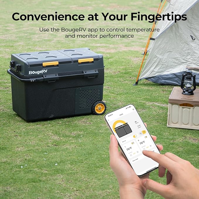 BougeRV 12 Volt Car Refrigerator, CRD2 52 Quart Portable Fridge Freezer with APP Control, -4℉ to 68℉ Dual Zone Compressor Electric Cooler 12/24V DC, 110~240V AC for Overlanding, Camping, RV, Truck