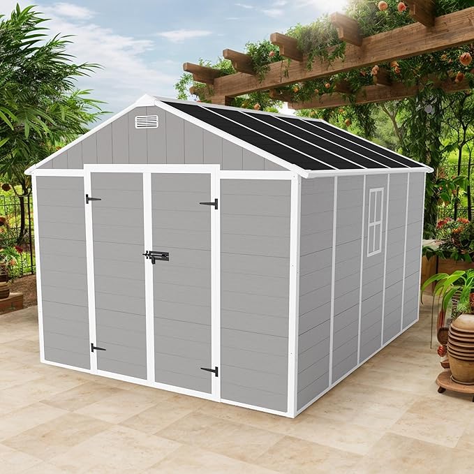 Resin Storage Shed 10x8 ft, Large Outdoor Sheds with Floor, Lockable Doors and Vents, HD Window, 12mm Thick pp Board, Garden Storage Tool Shed for Backyard Patio Lawn (Grey, 10 * 8ft)