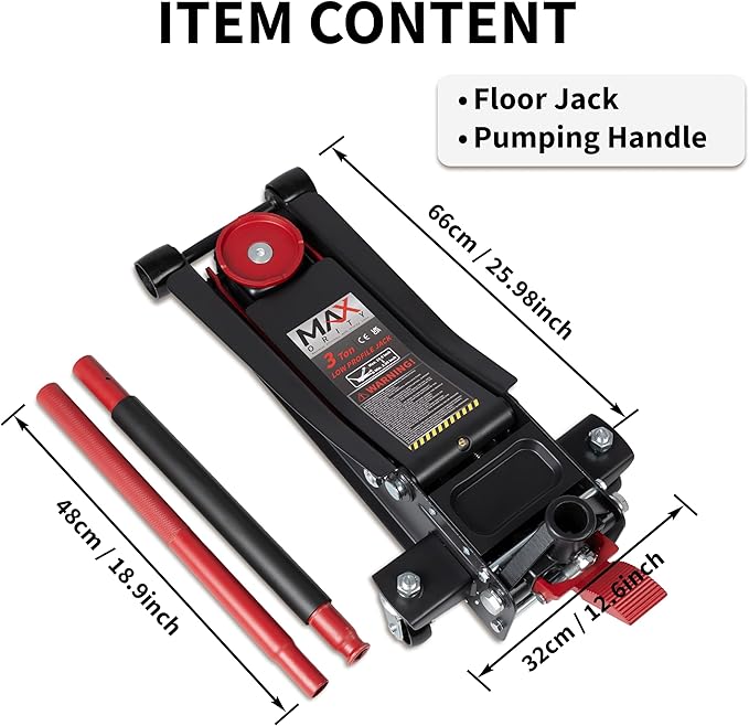 3-Ton (6600lbs) Low-Profile Dual Pistons Heavy-Duty Steel Racing Floor Jack with Quick Lift Hydraulic Pump, Foot Pedal and Magentic Pad for Car Maintenance (Red, 3 Ton Low Profile)