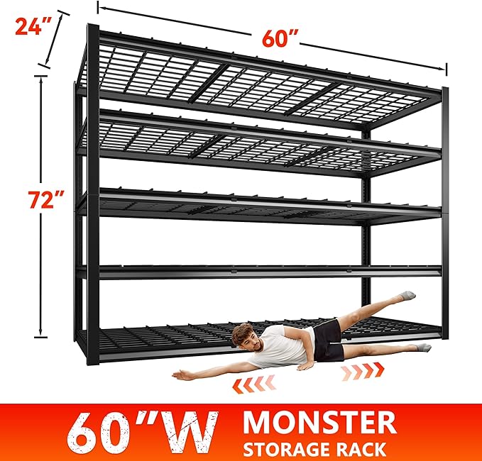REIBII 60" W Garage Shelving Heavy Duty Metal Shelving 3000LBS Storage Shelves Adjustable Metal Shelves for Storage Industrial Garage Shelves for Warehouse Basement 60" W x 24" D x 72" H