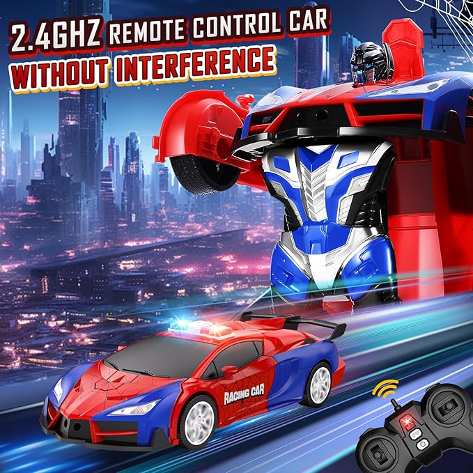 Remote Control Car for Boys 4-7, 2.4GHz RC Car 1:18 Scale, One-Button Transforming Toy with 360° Spins, LED Lights
