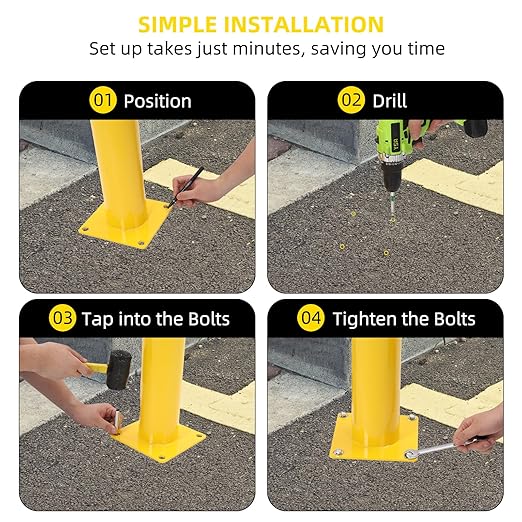 Safety Bollard 2 Packs, 48 Inch Height Steel Bollard Post for Parking Lot, 4.5 Inch Diameter Pipe, Yellow Safety Bollard Post with 16 Anchor Bolts, Ideal for Traffic-Sensitive Areas, Driveway Barrier