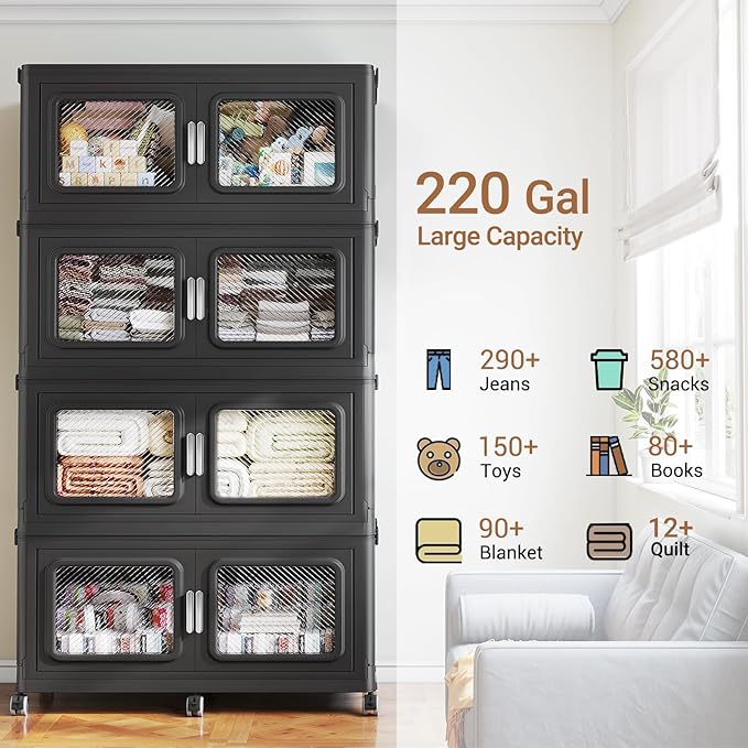 880 Qt Stackable Storage Bin with Lid, 220Gal Extra Large Collapsible Storage Boxes, Folding Plastic Drawer, Heavy-Duty Store Cabinet, Closet Organizer for Home Kitchen, 4 Pack Black