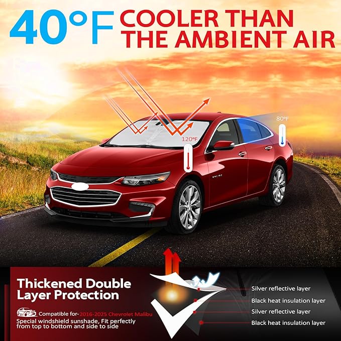 KAYZT Windshield Sun Shade for 2016-2025 Che-vrolet/Chevy Malibu Foldable Sunshade Front Window Custom Fit Car Accessories