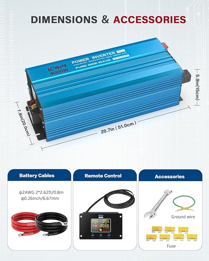 4000 Watt Pure Sine Wave Power Inverter DC 24V to 110/120V AC with 2 AC Charger Outlets and Wiring Terminal 8000W Peak Car Solar Converter for Vehicles Home with LCD Display and 2.4A USB Charging Port