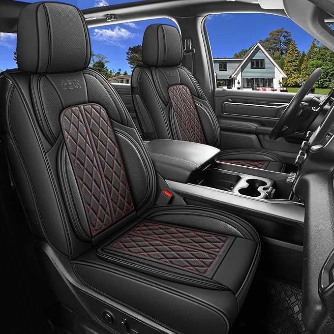 Car Seat Cover Custom Fit for Dodge Ram 1500 2500 3500 2002-2024 Faux Leather Seat Cover Set Compatible with Crew Quad Regular Cab Pickup Truck Cushions (Black Redline, Front Seat)