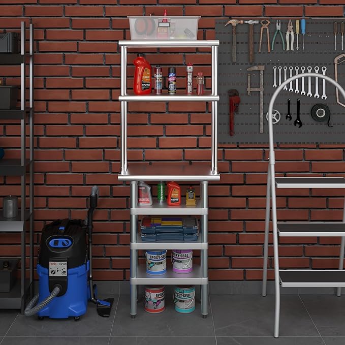Amgood 14" x 24" Stainless Steel Work Table with 3 Shelves and 12" Wide Double Tier Overshelf | Metal Kitchen Prep Table & Shelving Combo | NSF