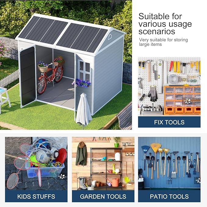 Resin Storage Shed with Floor 8x6x7 FT Outdoor Waterproof Wider Door Plastic Sheds Kit for Backyard Garden Patio Lawn Tools, Gray
