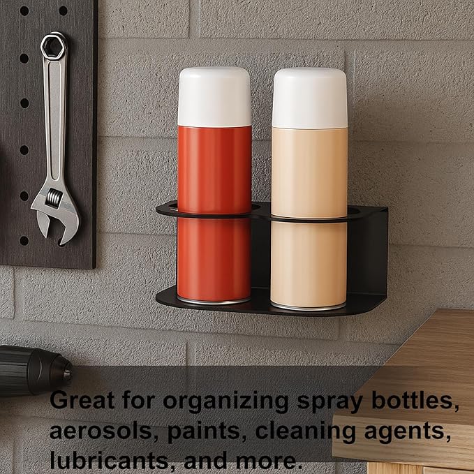 2 Pack Spray Bottle Holder Wall Mount, Metal Aerosol Spray Can Holder Rack Organizer with Double Holes, Heavy Duty Paint Bottle Can Storage Rack with Hardware Easy Install for Garage Home Workspace