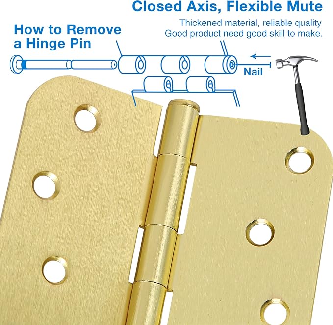 18 Pack 4 In Exterior Door Hinges Outdoor Brushed Brass Door Hinges Satin Gold 4 Inch 5/8"Radius Interior Door Hinges Rounded Front Hardware for Home,Heavy Duty Gate,Furniture,Entry Residential Hinges