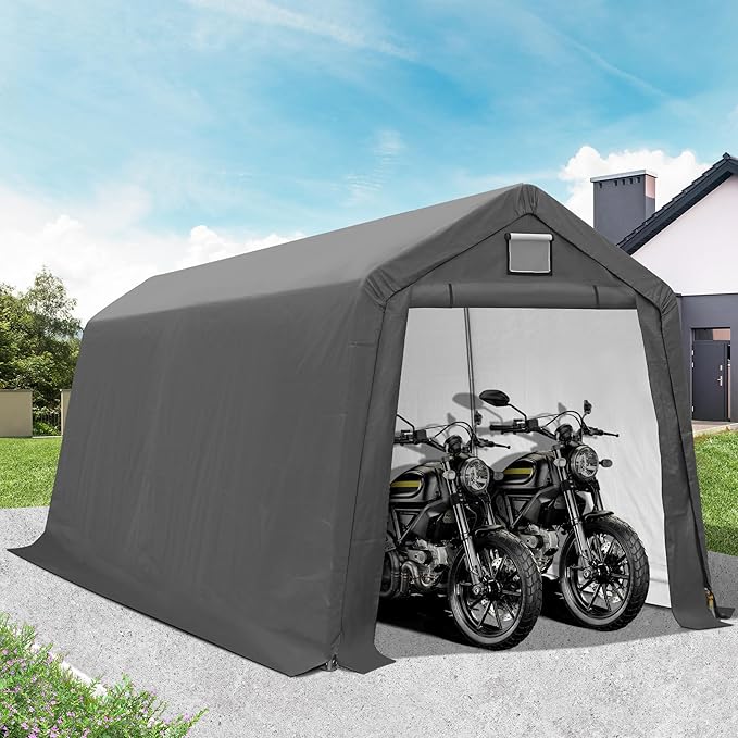 7' x 12' Outdoor Storage Shed- Heavy Duty Storage Shelter Tent with Roll-up Ventilated Door, Portable Garage Zipper Storage shed for Bike, ATV, Motorcycle Shelter, Gray